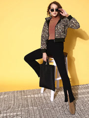 Women Printed Brown Full Sleeve Jacket