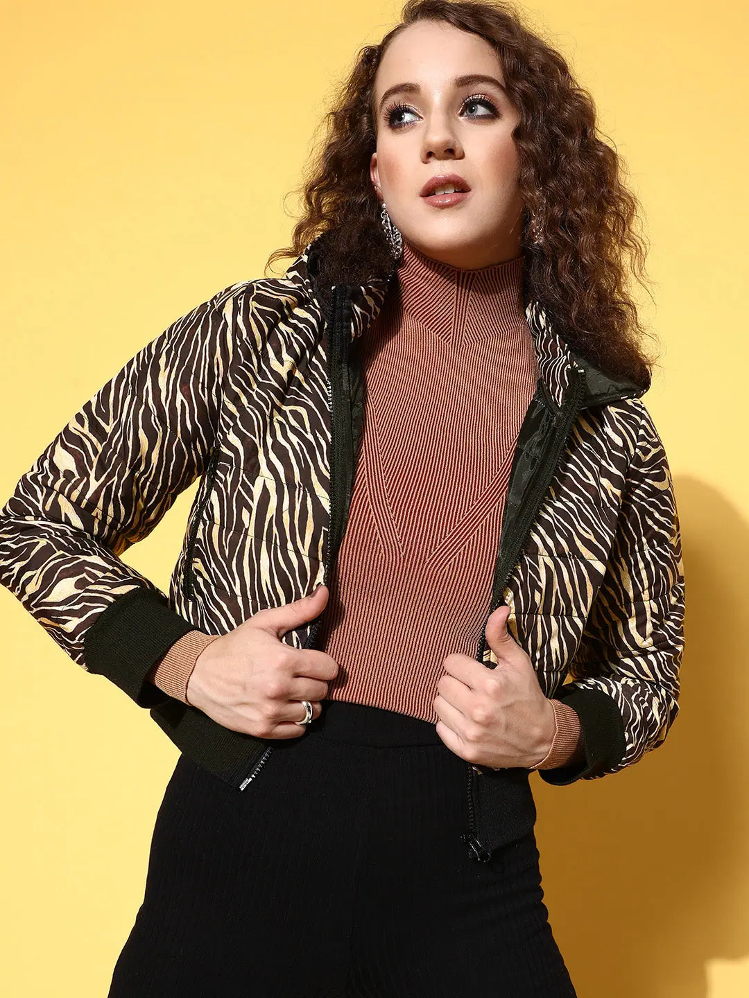 Brown Zebra Puffer Jacket - Trendy Women's Winter Coats