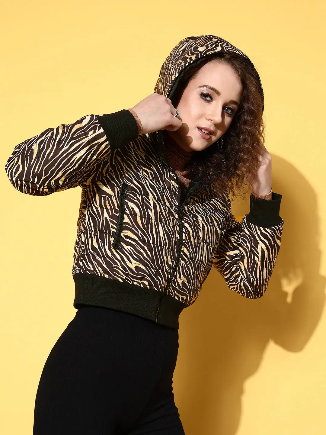 Brown Zebra Puffer Jacket - Trendy Women's Winter Coats