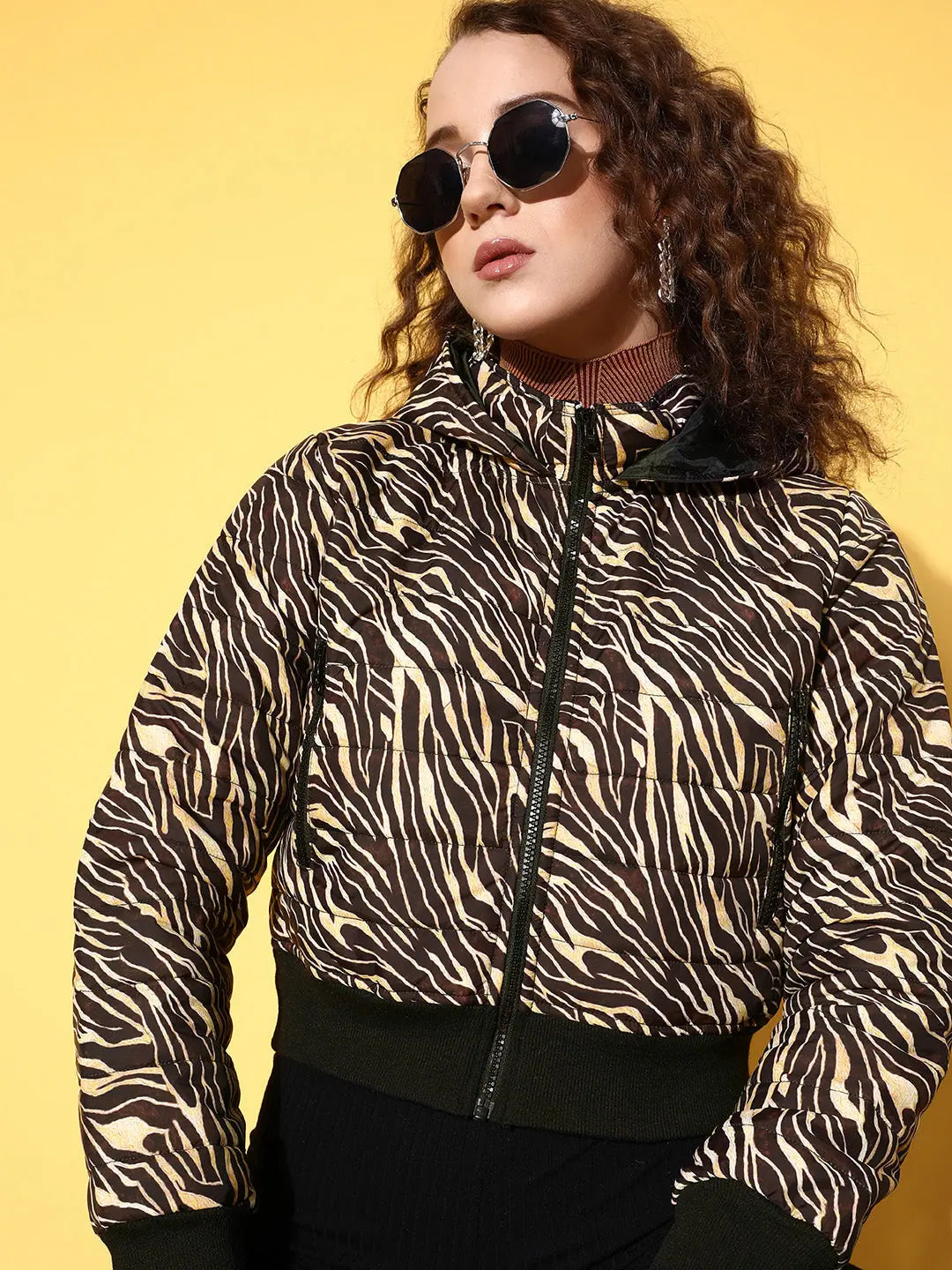 Brown Zebra Puffer Jacket - Trendy Women's Winter Coats