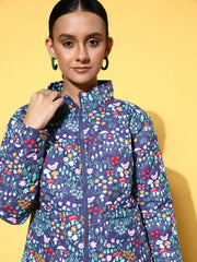 Women Printed Purple Full Sleeve Jacket