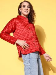 Women Solid Red Full Sleeve Jacket