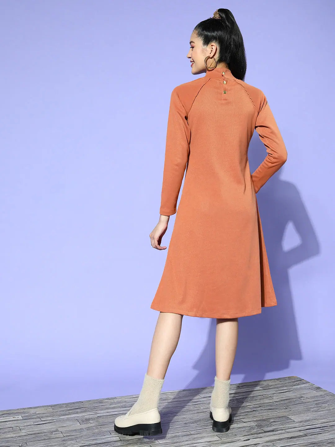 Women's Rust Rib Midi Dress | High Neck Ethnic Lehenga Look