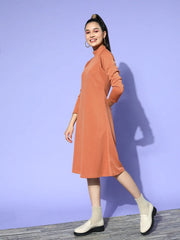 Women Rust Rib High Neck A-Line Midi Dress