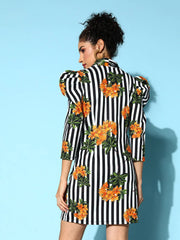 Women Black & White Stripe Floral Scuba Blazer Dress