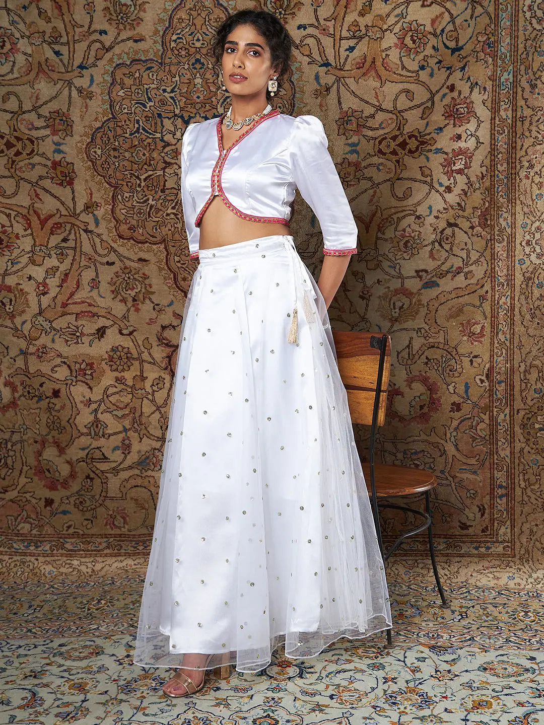 White Satin Lace Crop Top - Women's Lehenga, Designer Style