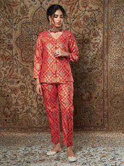 Women Red Large Indian Motif Brocade Top
