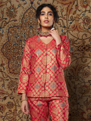 Women Red Large Indian Motif Brocade Top