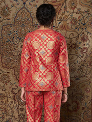 Women Red Large Indian Motif Brocade Top