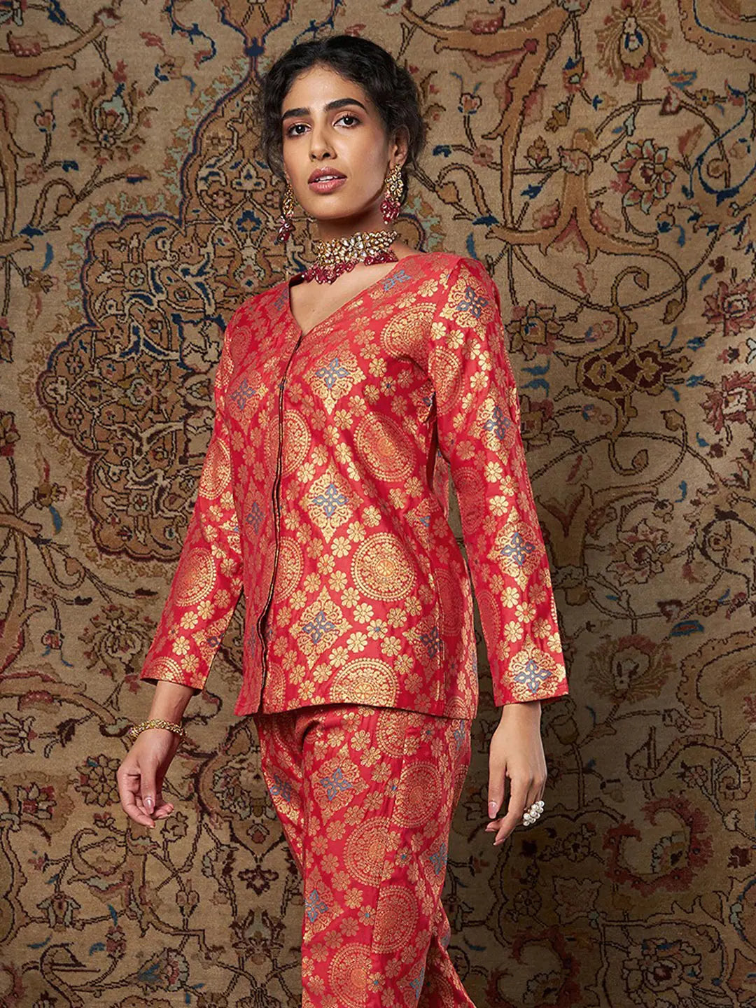 Red Indian Motif Brocade Top - Women's Lehenga, Festive Wear