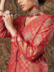 Women Red Large Indian Motif Brocade Top