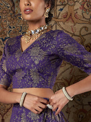Women Purple Brocade Floral V Neck Crop top