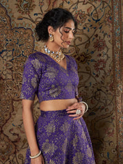 Women Purple Brocade Floral V Neck Crop top