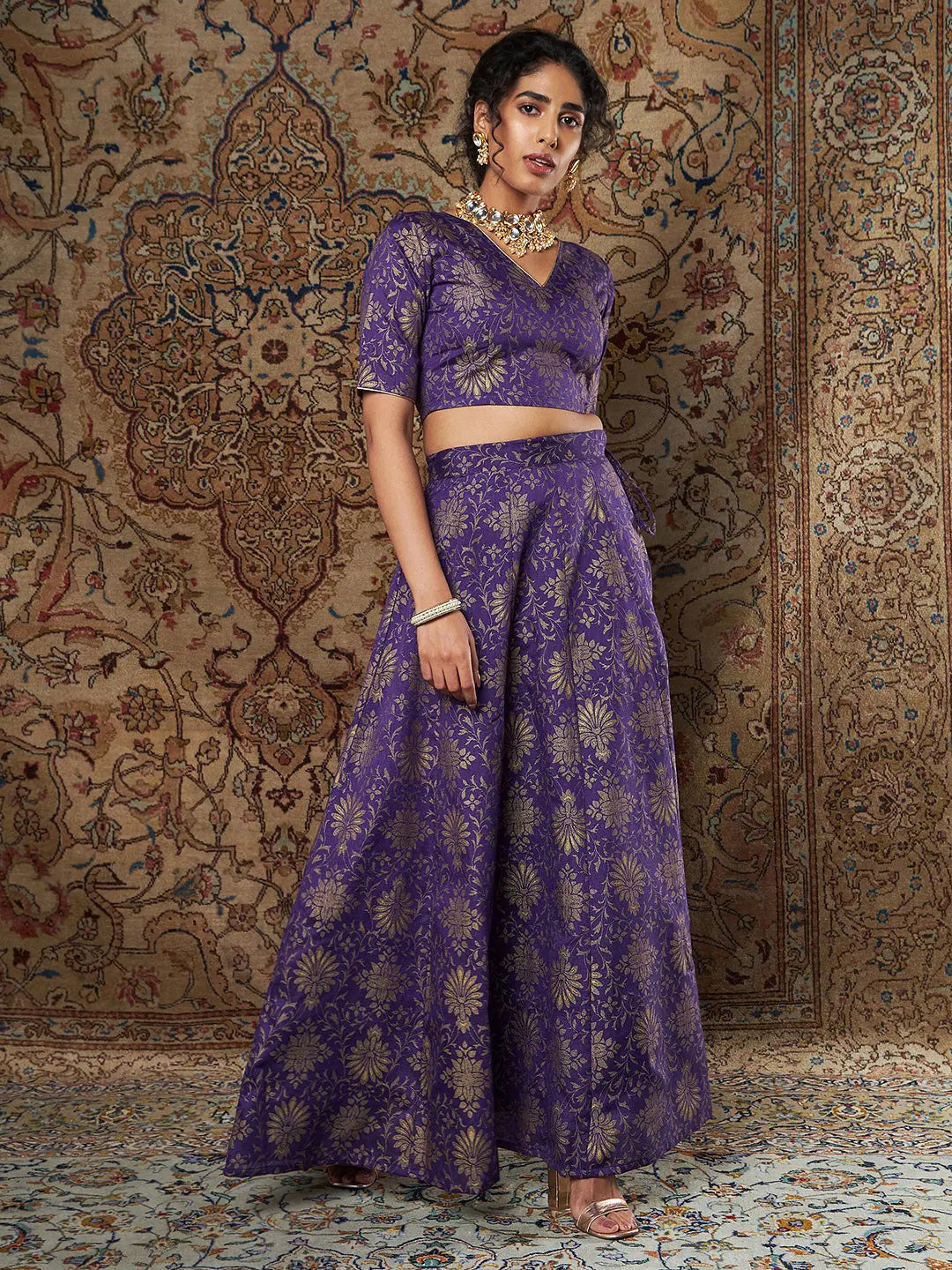 Purple Brocade Crop Top - Women's Lehenga & Festive Lehenga Op...