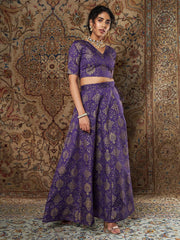 Women Purple Brocade Floral V Neck Crop top