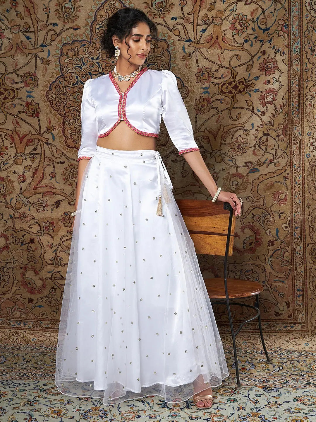 White Tulle Sequin Anarkali Skirt | Women's Ethnic Maxi Skirts