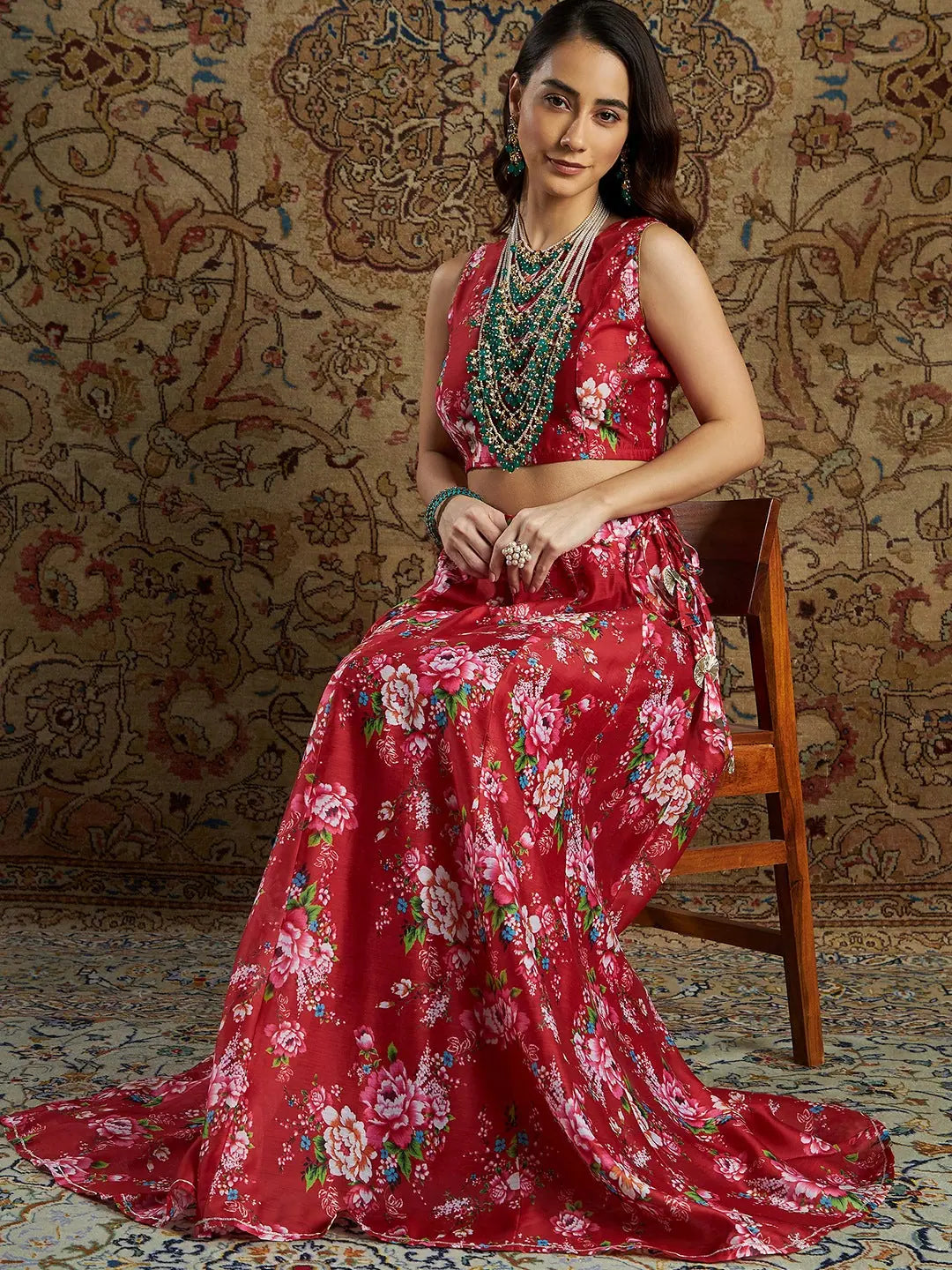 Maroon Chanderi Floral Back Bow Tie Crop Top | Ethnic Lehenga