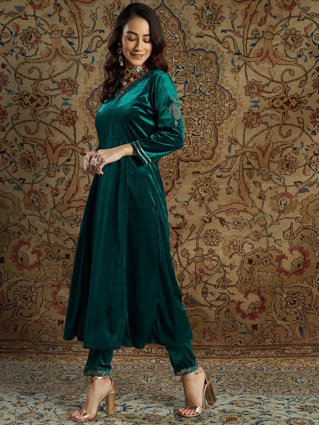 Emerald Velvet Women's Kurta Set with Pants | Indian Kurta