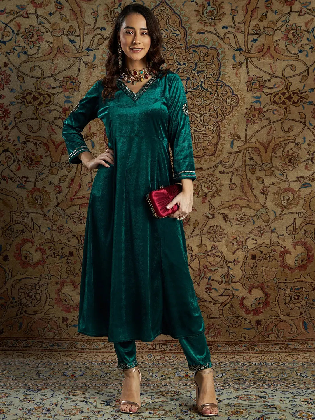 Emerald Velvet Women's Kurta Set with Pants | Indian Kurta