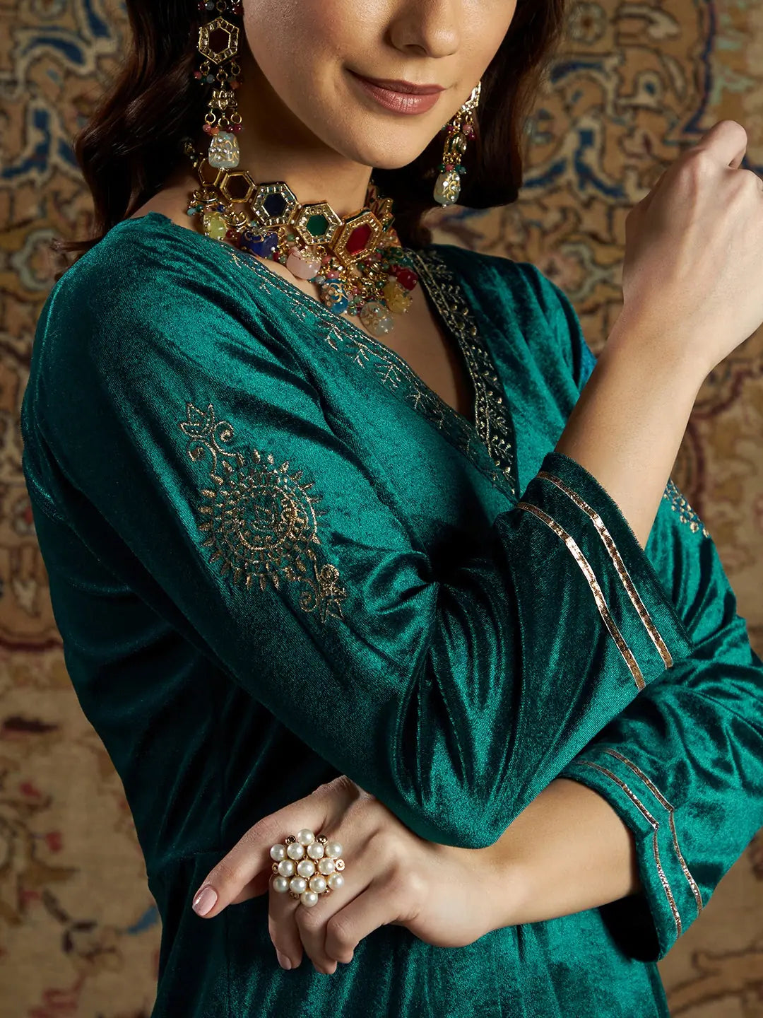 Emerald Velvet Women's Kurta Set with Pants | Indian Kurta