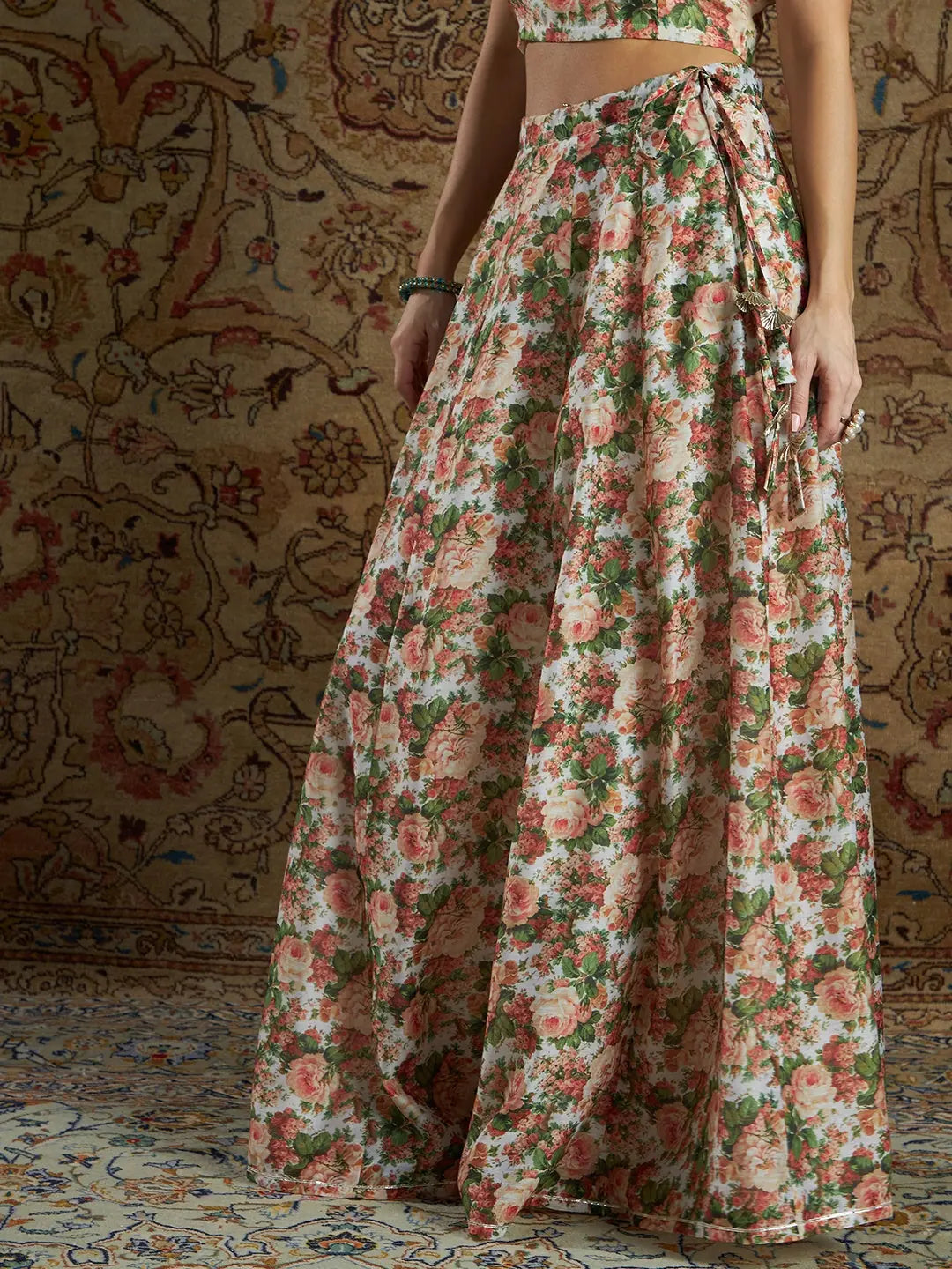 Peach & Green Floral Anarkali Skirt | Women's Ethnic Wear