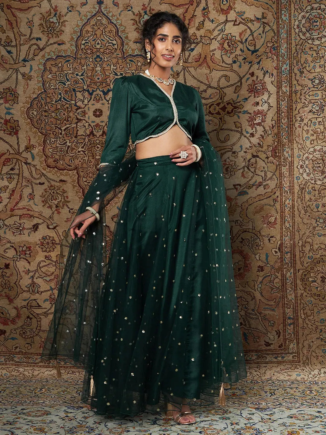 Green Crepe Top & Tulle Skirt Lehenga | Ethnic Lehenga