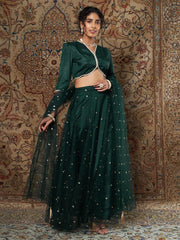 Women Green Crepe Top With Tulle Aanrkali Skirt And Dupatta