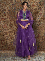 Women Purple Crepe Top With Tulle Aanrkali Skirt And Dupatta