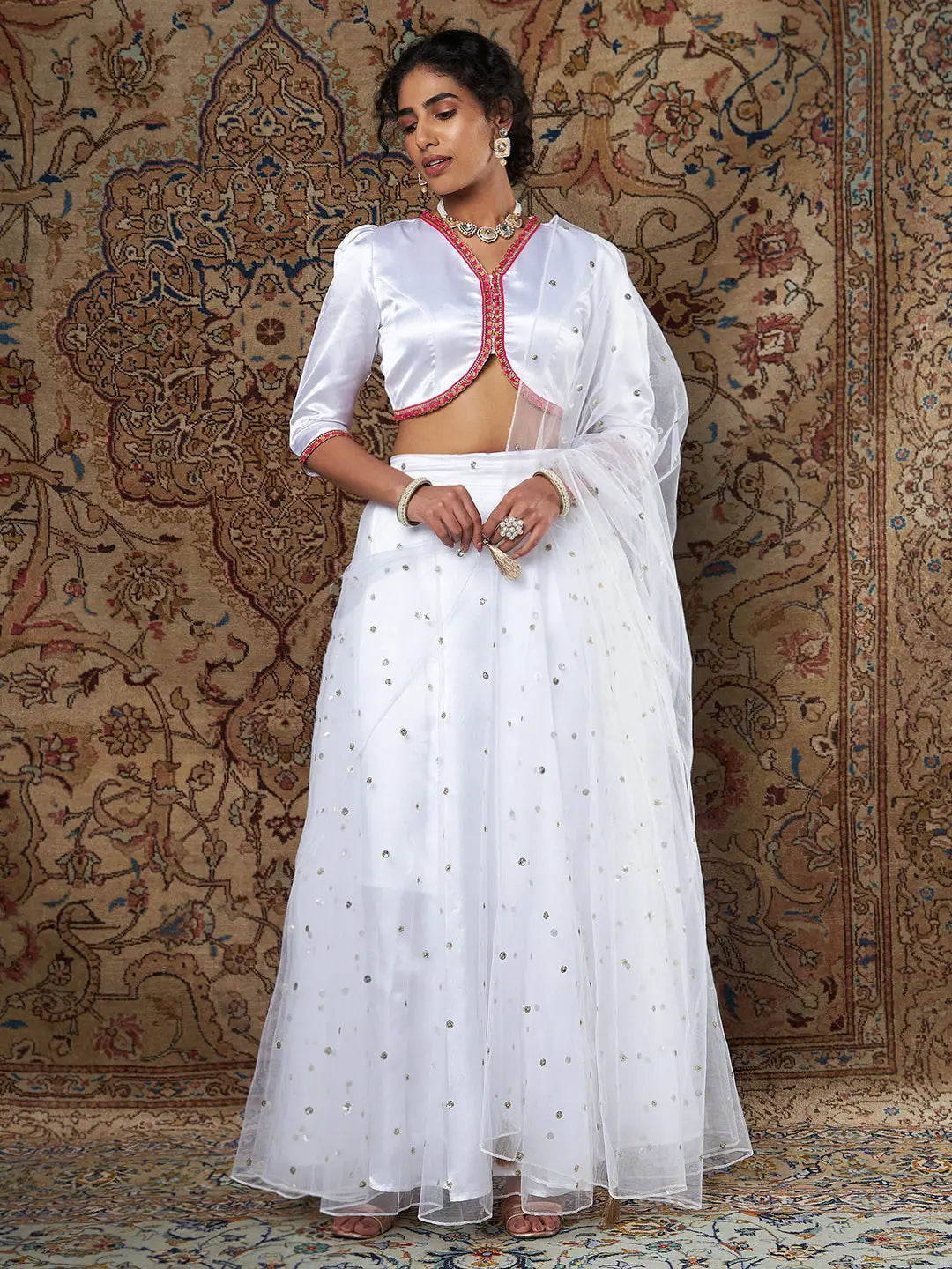 White Satin Top, Tulle Skirt & Dupatta | Women's Lehenga