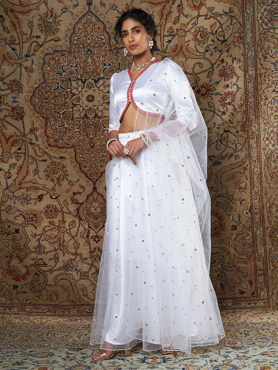 White Satin Top, Tulle Skirt & Dupatta | Women's Lehenga