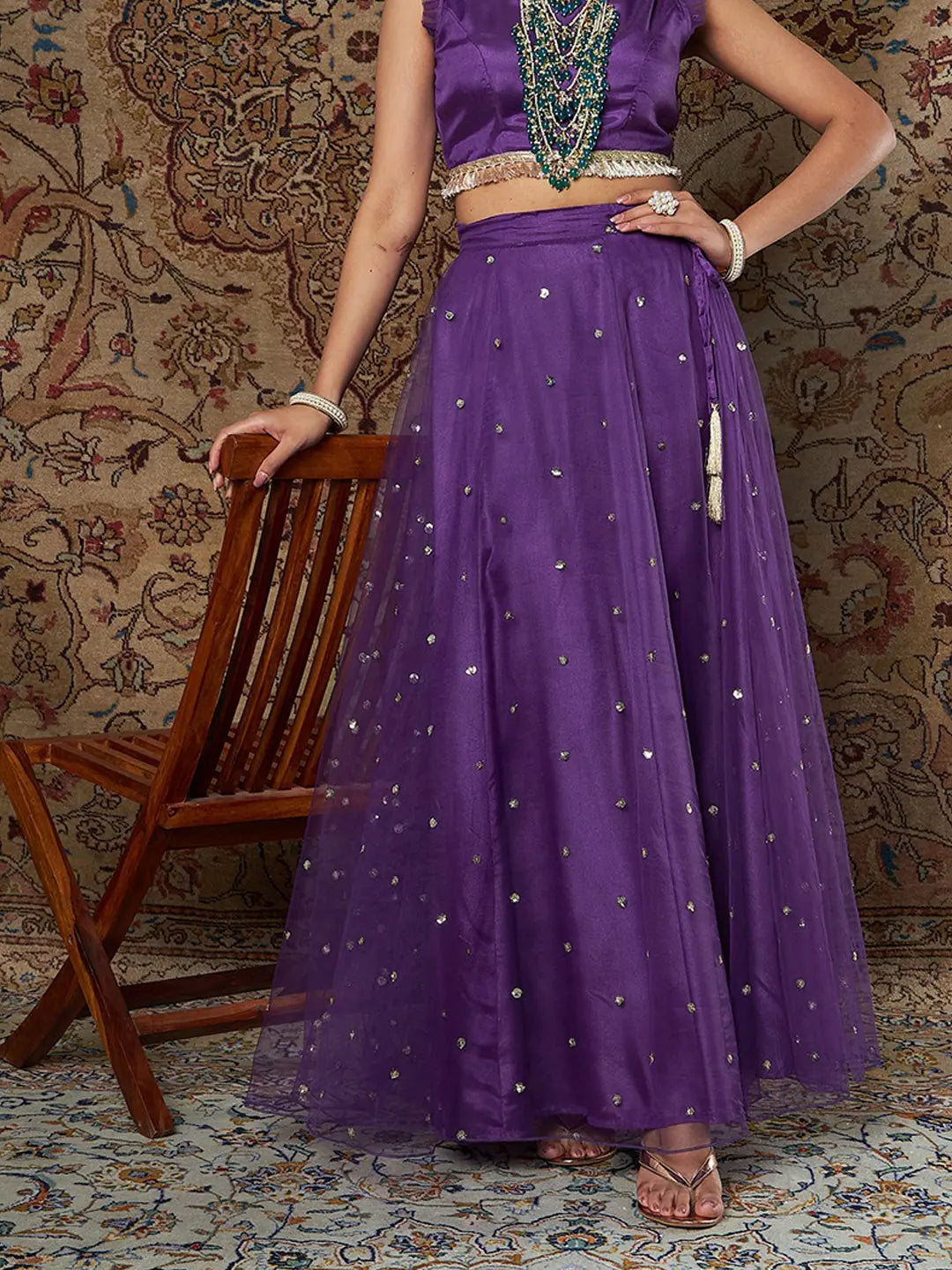 Purple Tulle Sequins Anarkali Skirt | Ethnic Skirts for Women