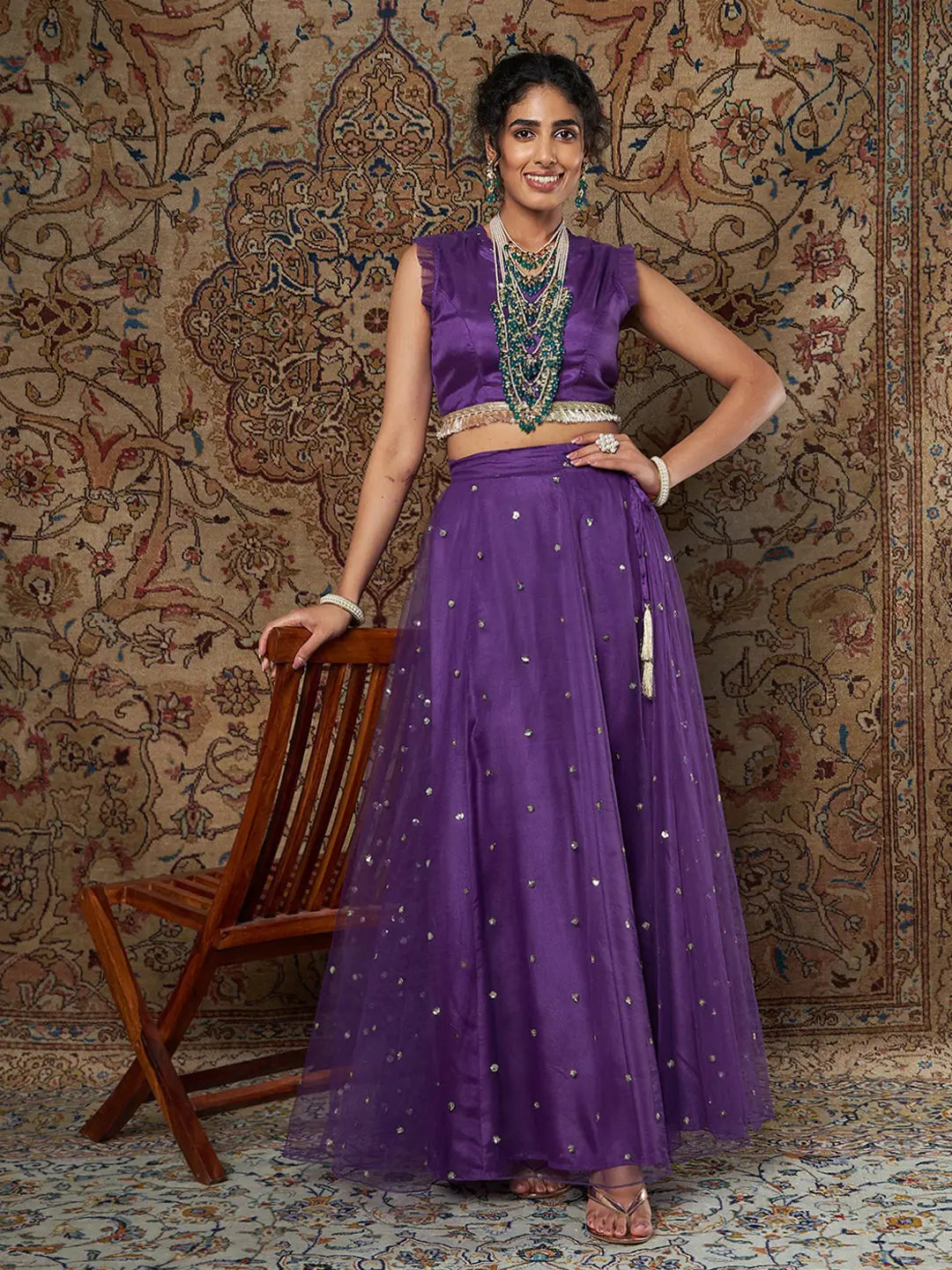 Purple Crepe Top & Tulle Skirt | Women's Lehenga Choli