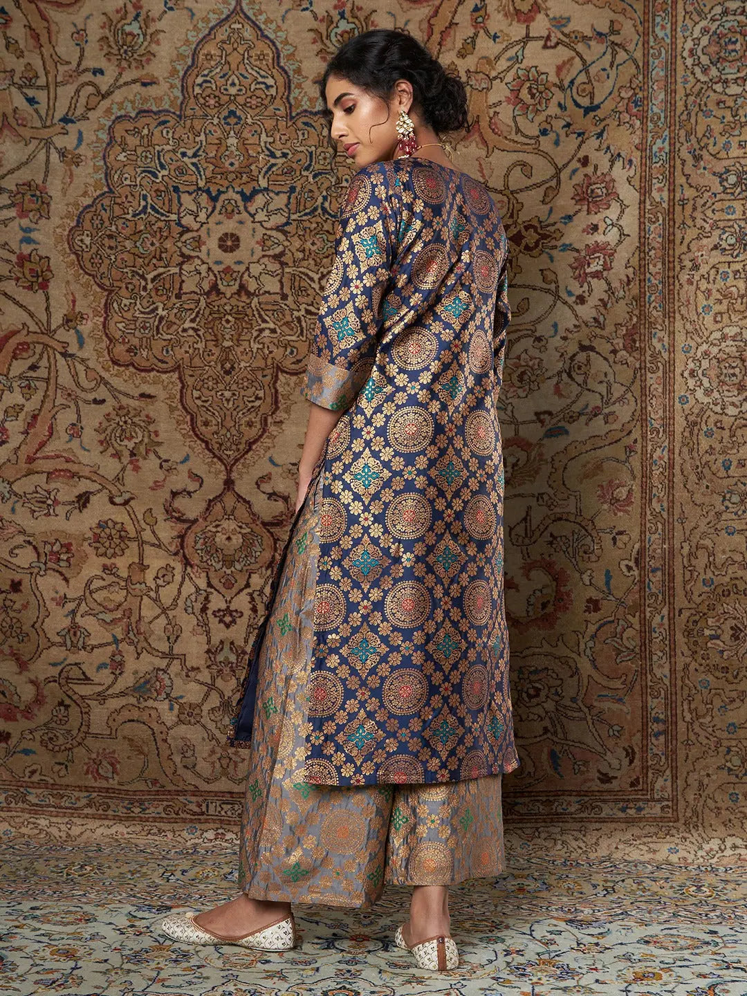 Navy & Grey Brocade Kurta Set for Women | Indian Kurta Sets