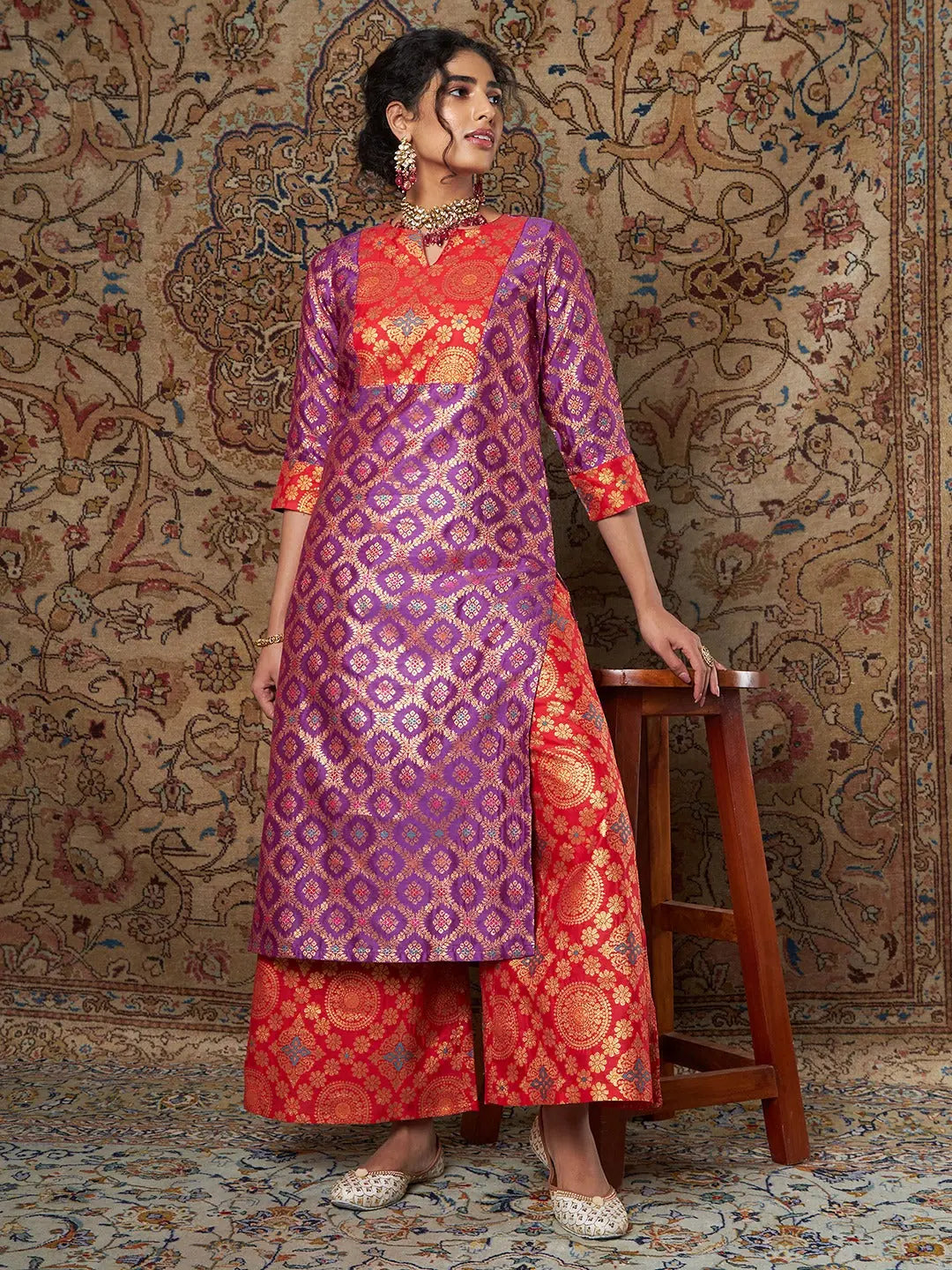 Brocade Yoke Kurta with Pants - Women's Indian Kurta Sets