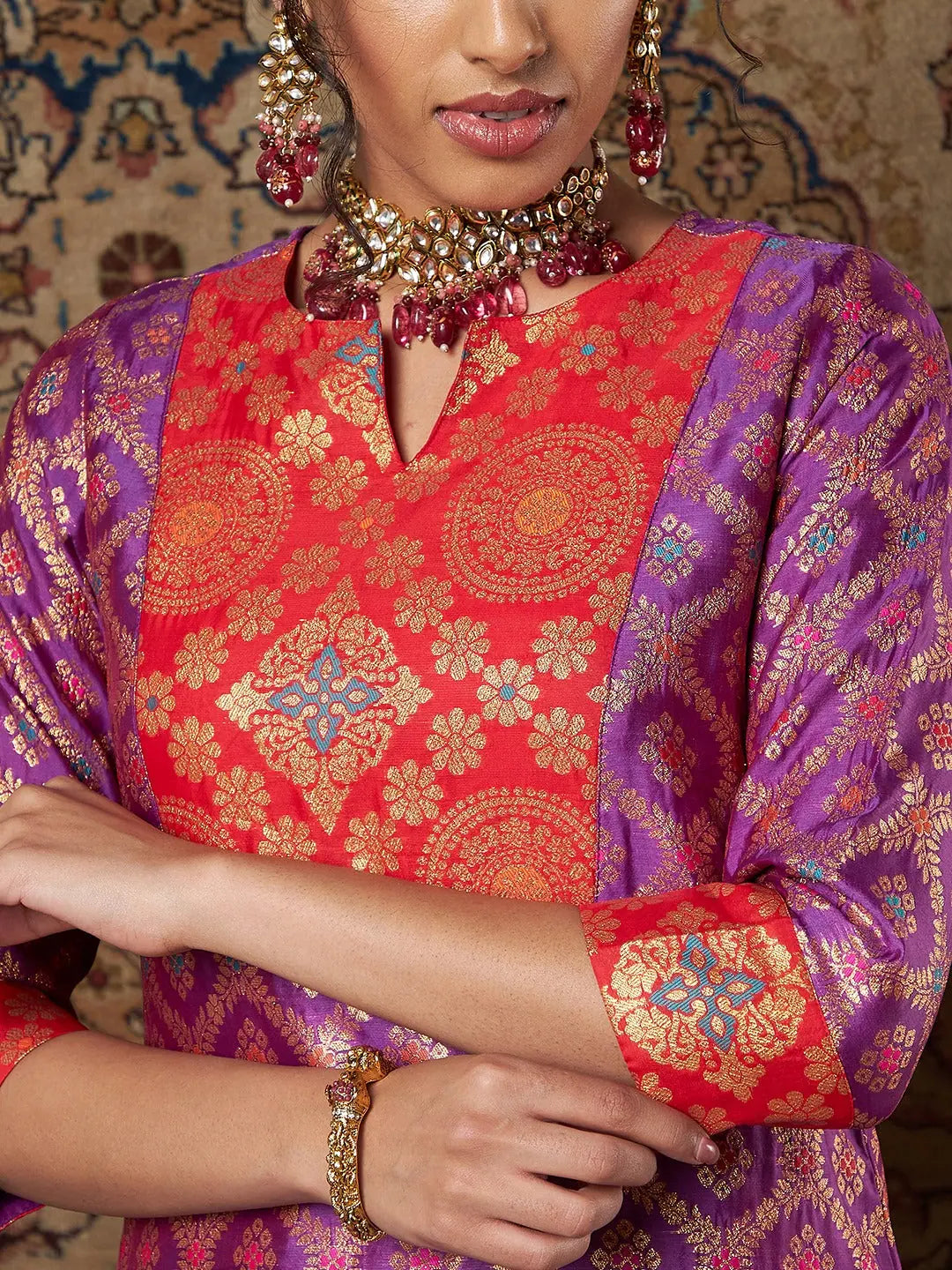 Brocade Yoke Kurta with Pants - Women's Indian Kurta Sets