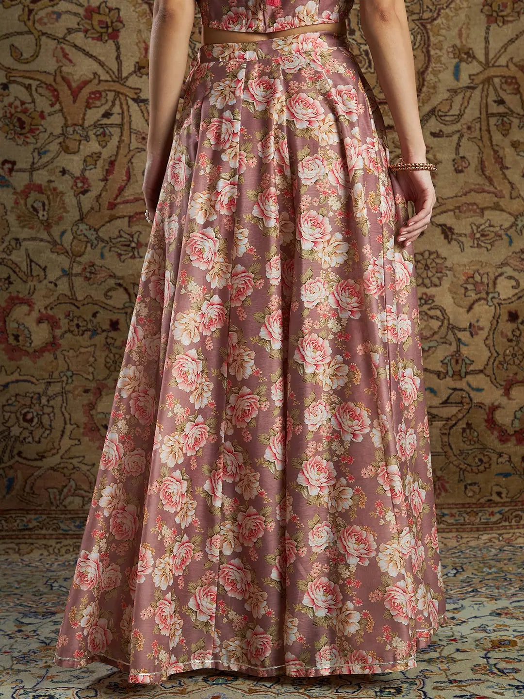 Mauve Chanderi Floral Anarkali Skirt | Printed Ethnic Skirts