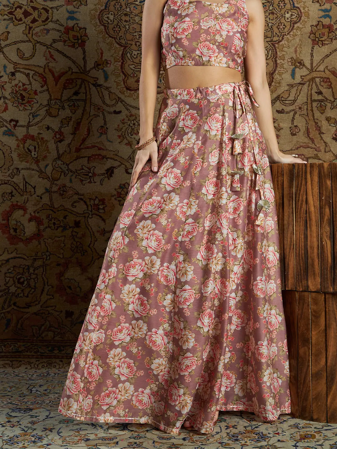 Mauve Chanderi Floral Anarkali Skirt | Printed Ethnic Skirts