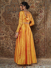 Women Mustard Jacquard Crop Top With Anarkali Skirt