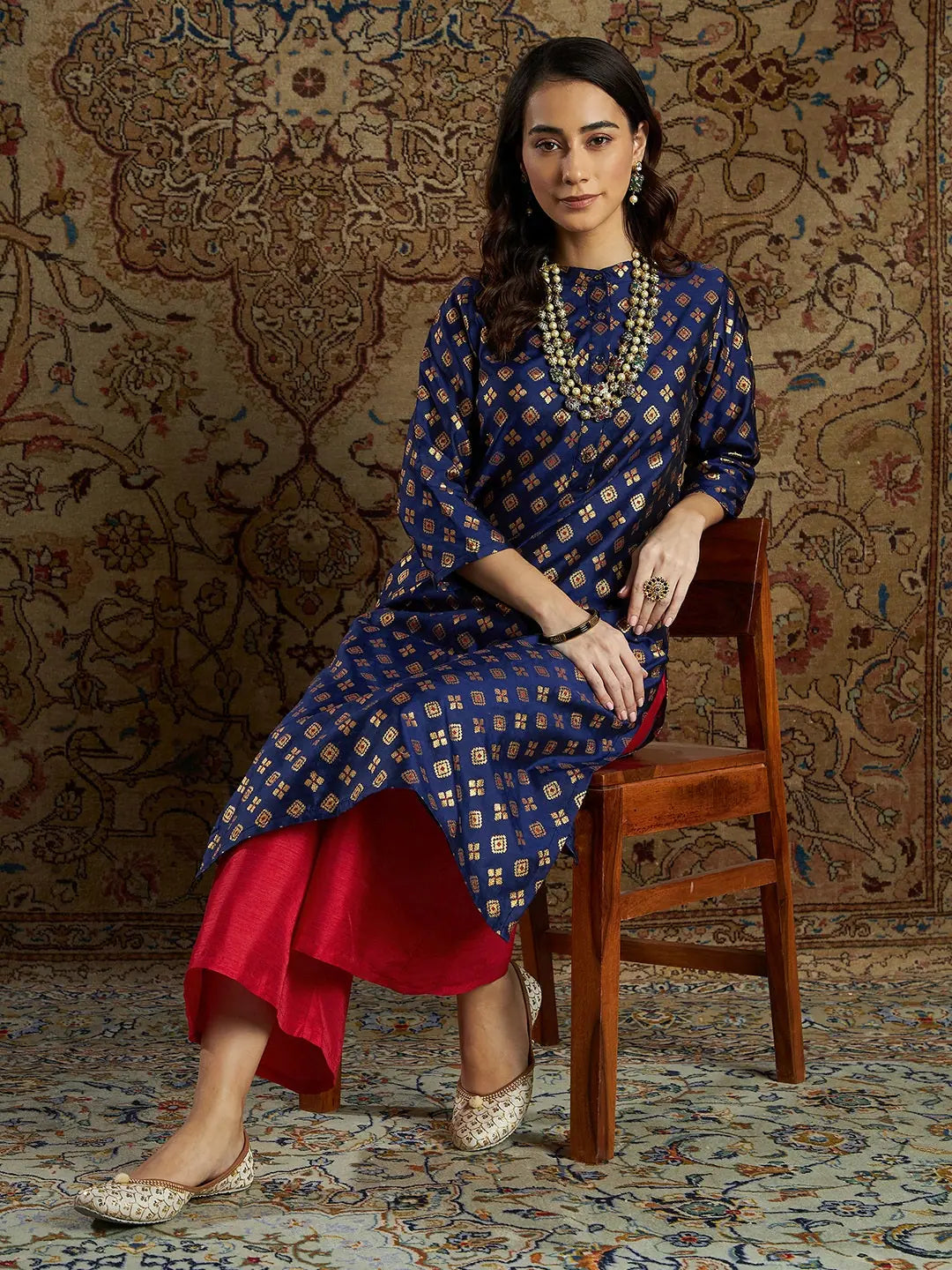 Navy & Red Brocade Palazzo Pants Set - Women's Kurta Palazzo