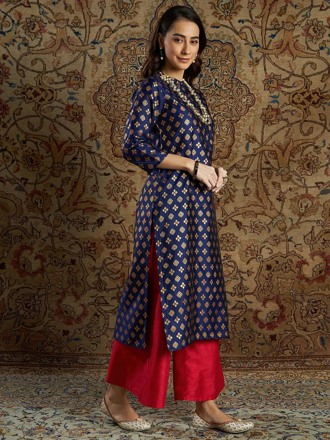 Navy & Red Brocade Palazzo Pants Set - Women's Kurta Palazzo