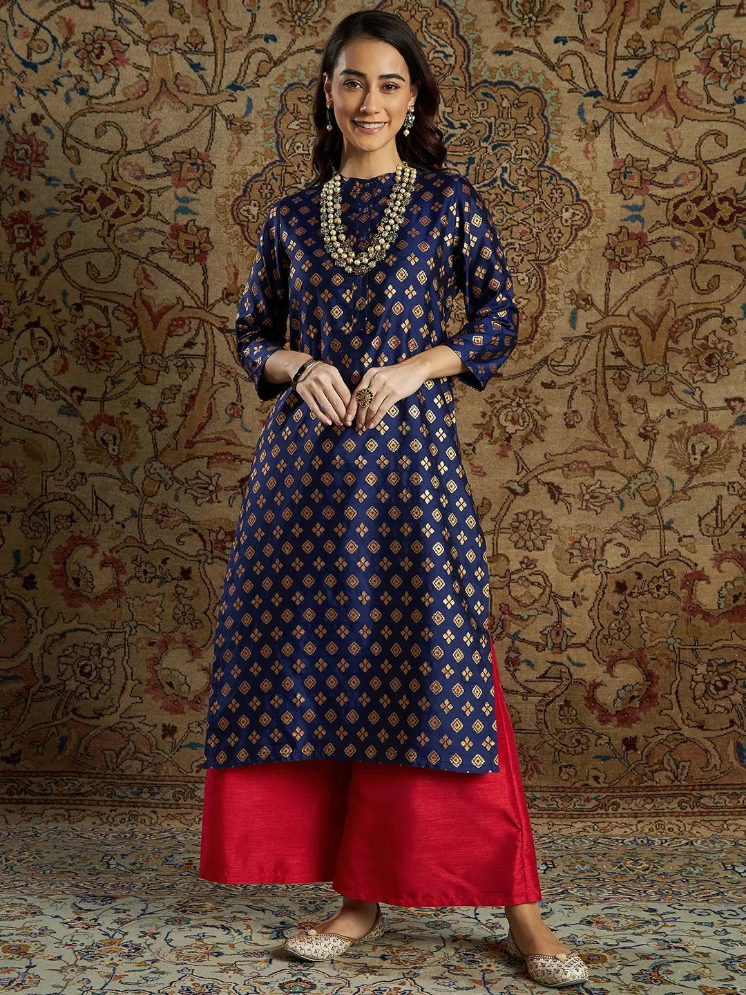 Navy & Red Brocade Palazzo Pants Set - Women's Kurta Palazzo