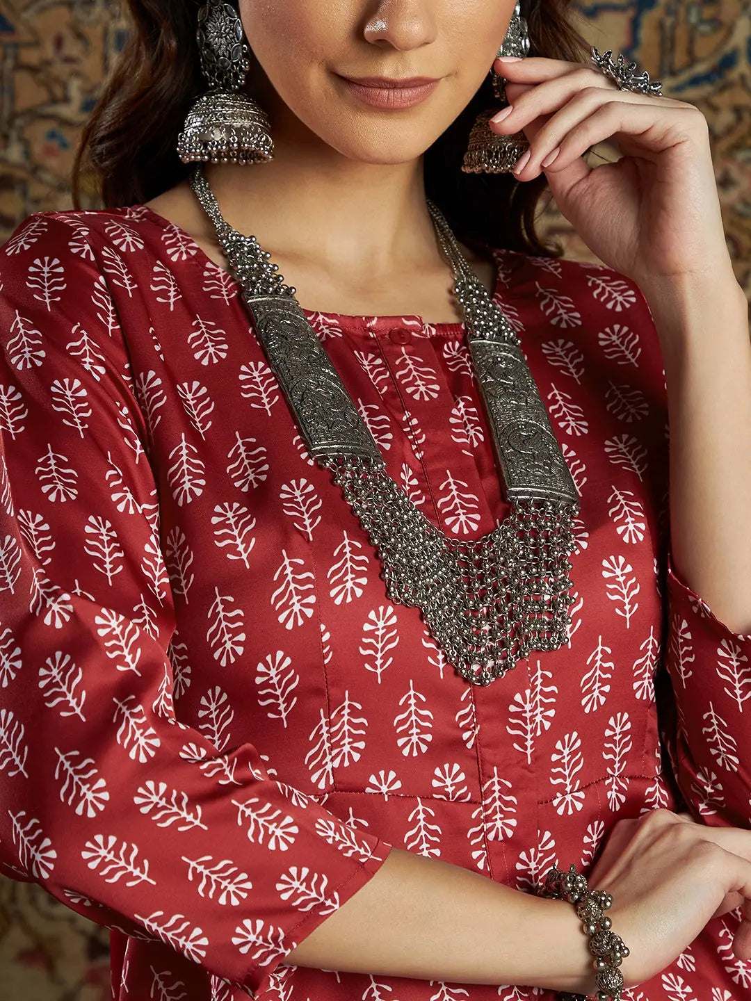 Red Floral Palazzo Pants Set - Satin Peplum Top | Women's Style