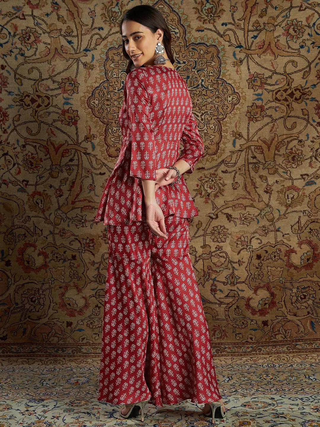 Red Floral Palazzo Pants Set - Satin Peplum Top | Women's Style