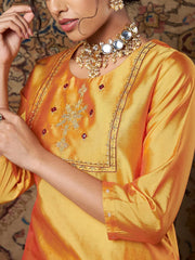 Women Mustard Zari Embroidered Kurta With Palazzo Pants