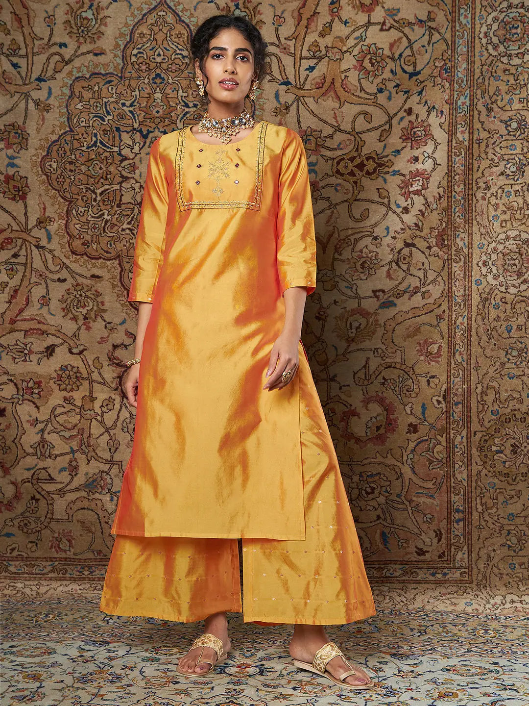 Mustard Embroidered Kurta Set - Women's Palazzo Pants Outfit