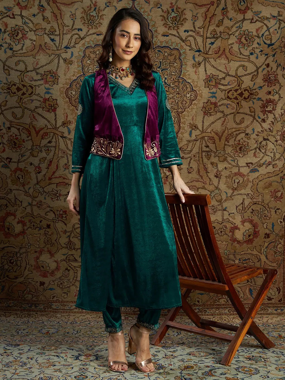 Emerald Velvet Women's Kurta Set with Waistcoat | Indian Kurta