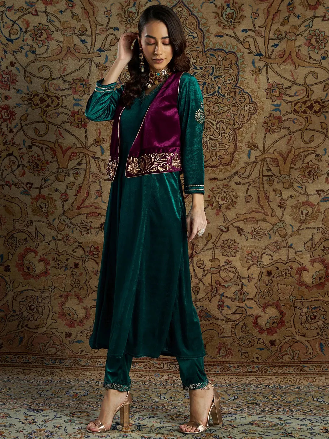 Emerald Velvet Women's Kurta Set with Waistcoat | Indian Kurta
