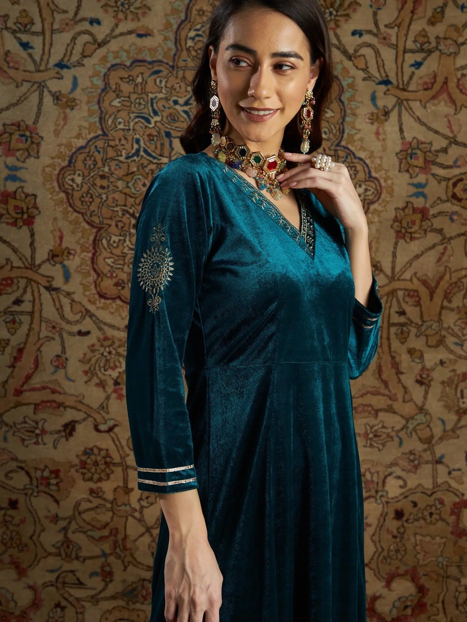 Emerald Velvet Women's Kurta Set with Waistcoat | Indian Kurta