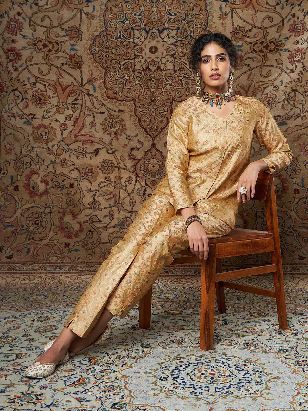 Golden Brocade Shirt & Pants Set | Women's Indian Kurta Sets