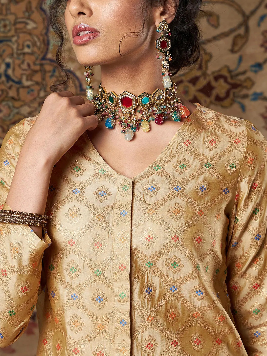 Golden Brocade Shirt & Pants Set | Women's Indian Kurta Sets